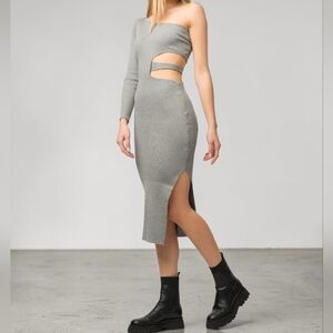Crescent Gray/Sage Green Cutout  One-Shoulder Bodycon Ribbed Knit Dress